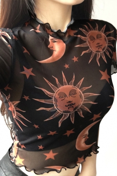 Trendy Women's Tee Top Moon Star Graphic Print Lettuce Trim Mock Neck Cropped Short Sleeve T-Shirt