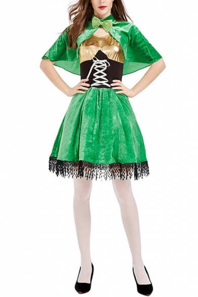 Trendy Womens Green Set Velvet Hot Stamping Panel Lace Up Front Short Swing Dress & Cape & Hat Set