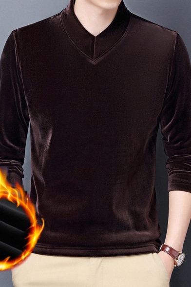 Understated Men's Sweater Solid Color V Neck Brushed Velvet Long Sleeve Regular Fitted Sweater