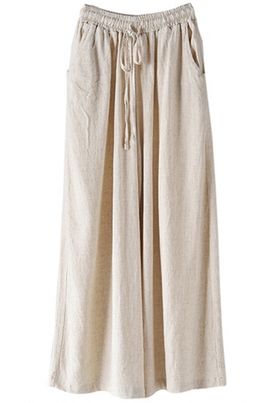 Vintage Womens Pants Linen Plain Drawstring Waist Long Length Wide-leg Pants