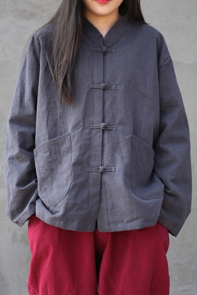 Vintage Womens Shirt Linen and Cotton Solid Color Long Sleece Frog Button Relaxed Fit Shirt