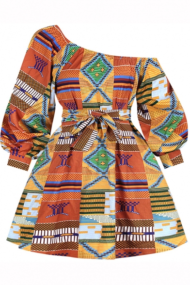 Womens African Dress Allover Blouson Sleeve Oblique Shoulder Tied Waist Mini Pleated Swing Dress