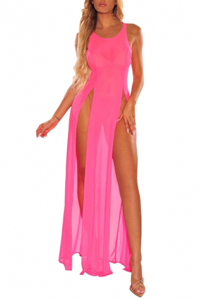 Womens Dress Trendy Solid Color See-Through Mesh High Slit Maxi Round Neck Sleeveless Beach Dress