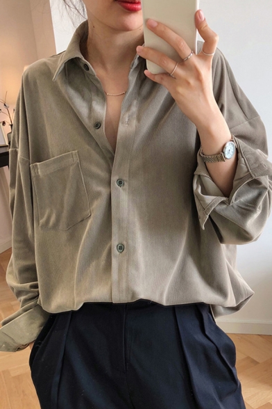 Womens Trendy Shirt Solid Corduroy Long Sleeve Spread Collar Button-up Relaxed Fit Shirt Top