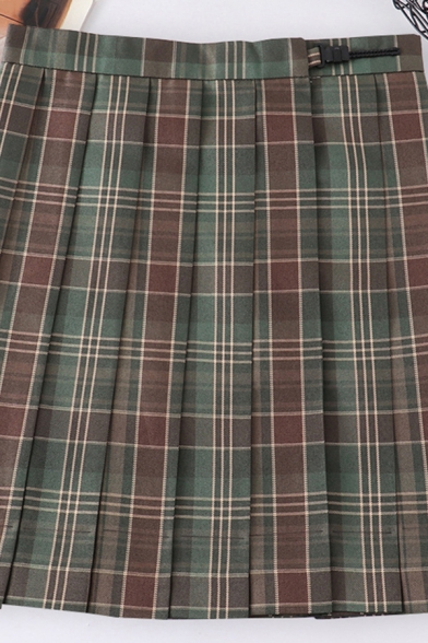 Chic Women's Skirt Plaid Pattern Invisible Zip High Waist Pleated Detail Regular Fitted Mini Skirt