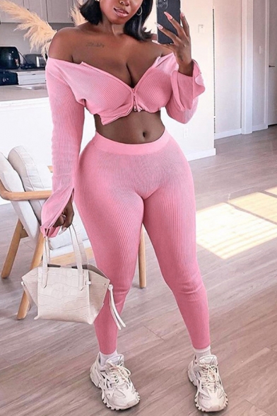 Chic Womens Co-ords Solid Color Rib Knit Two-Way Zipper Cropped Long Sleeve V Neck Tee Slim Fit Mid Rise Ankle Length Pants Set