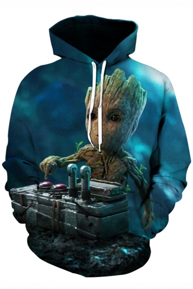 Cool 3D Figure Printed Long Sleeve Relaxed-Fit Blue Drawstring Hoodie