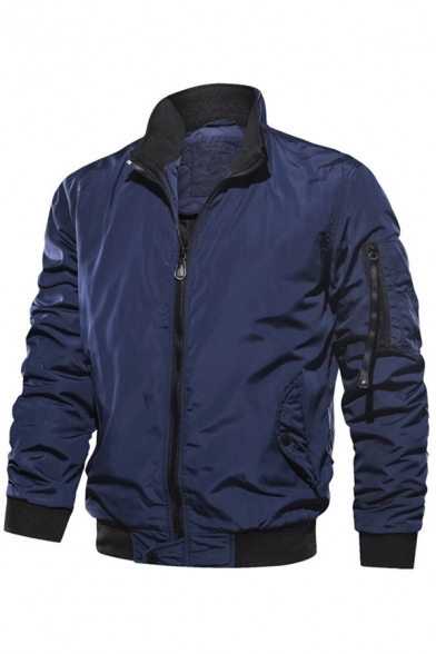 Elegant Men's Jacket Contrast Trim Zip Fly Stand Collar Flap Pocket Long Sleeve Regular Fitted Jacket