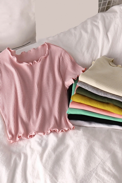 Elegant Women's Tee Top Solid Color Lettuce Trim Short Sleeve Slim Fitted T-Shirt