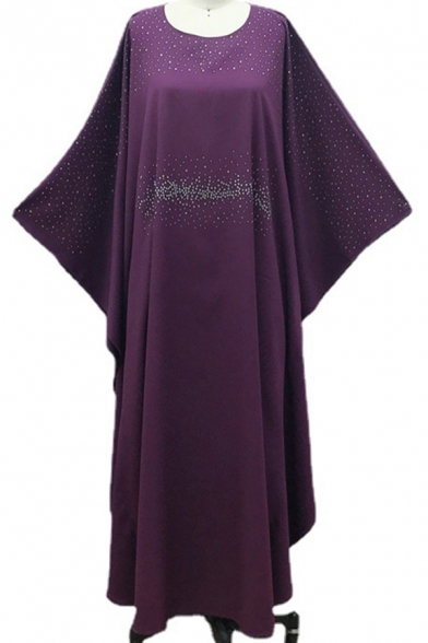 Ethnic Womens Dress Rhinestone Decoration Muslim Long Bat-Wing Crew Neck Maxi Robe Dress