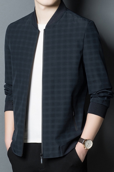 Fancy Men's Casual Jacket Tartan Pattern Zip Placket Stand Collar Long Sleeve Regular Fitted Casual Jacket