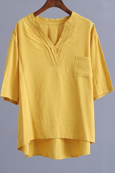 Fancy Tee Top Solid Color Linen and Cotton 3/4 Sleeve V-neck Loose Fit T Shirt for Ladies