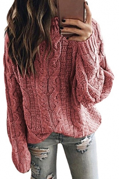 Fancy Women's Sweater Heathered Cable Knit Ribbed Trim Long Sleeve Regular Fitted Sweater