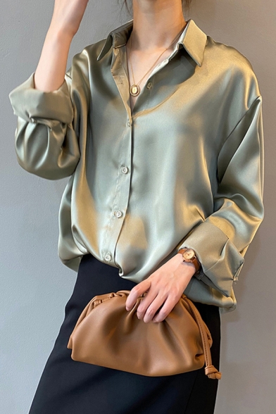 Fashion Womens Shirt Plain Long Sleeve Spread Collar Button Up Relaxed Fit Shirt Top