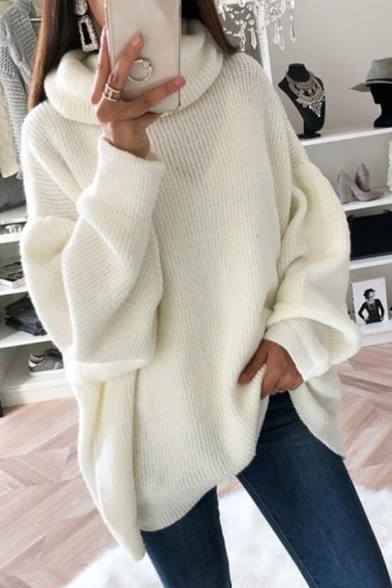 Fashionable Women's Sweater Solid Color Halter Mock Neck Long Sleeve Loose Fitted Sweater