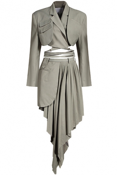 Formal Womens Skirt Plain High Waist Patched Asymmetric Hem Mid Pleated Skirt