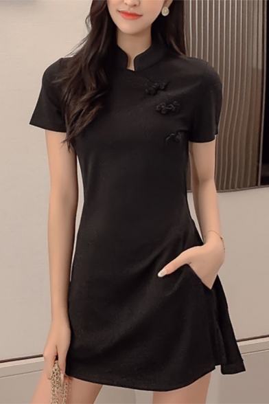 Girls Retro Mandarin Collar Frog Button Lantern Short Sleeves Plain Black Mini A-Line Dress