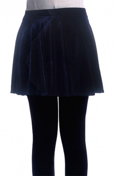Leisure Women's Skirt Solid Color Velvet Pleated Detail Elastic High Waist A-Line Mini Skirt