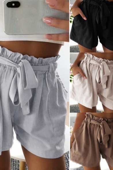 Leisure Womens Shorts Solid Color Bow Tied Waist Relaxed Fit Shorts
