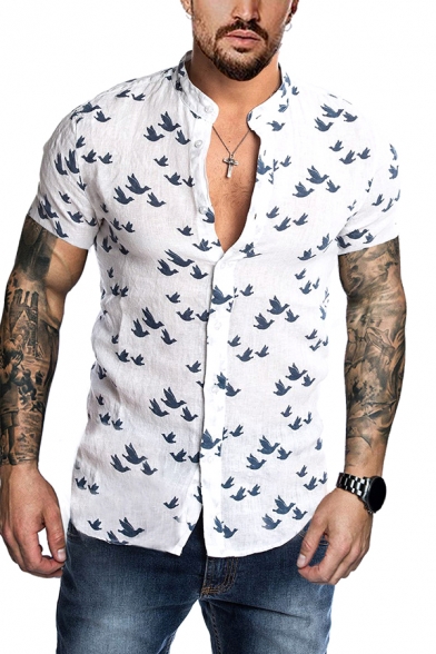 Mens Hot Stylish White Short Sleeve Lapel Collar Printed Loose Cool Unique Shirt
