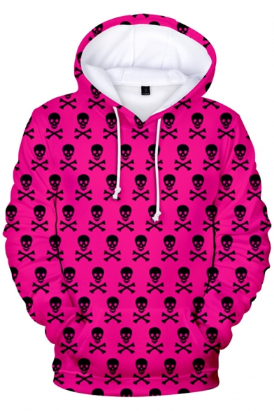 New Arrival Cool Skull All-Over Printed Long Sleeve Unisex Casual Loose Fit Pink Hoodie