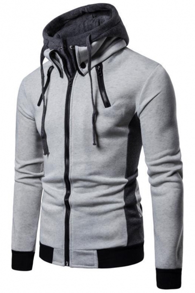 New Arrival Zipper Embellished Long Sleeve Colorblocked Hood False Two Pieces Zip Up Hoodie
