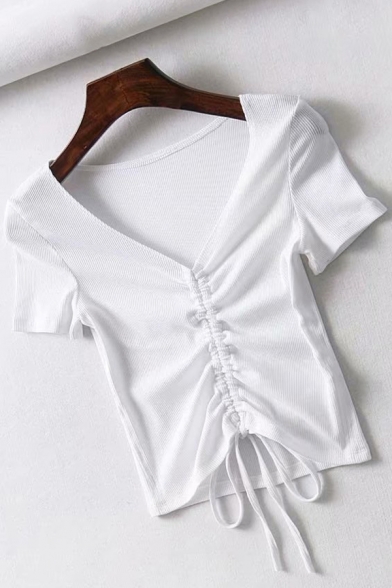 Sexy Ladies T Shirt Solid Color Short Sleeve V-neck Drawstring Slim Fit Crop T Shirt