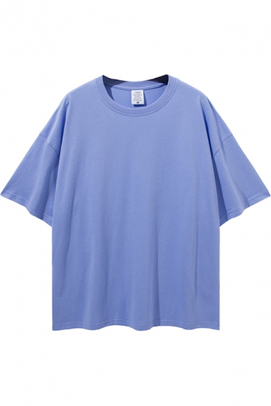 Simple Tee Top Solid Color Short Sleeve Crew Neck Loose Fit T Shirt for Men
