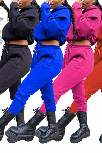 Street Girls Co-ords Solid Color Long Sleeve Loose Fit Crop Hoodie & Sweatpants Set