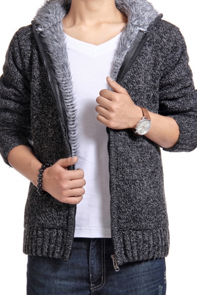 Stylish Men's Cardigan Heathered Fleece Lined Zip Fly Ribbed Trim Long Sleeve Regular Fitted Hooded Cardigan