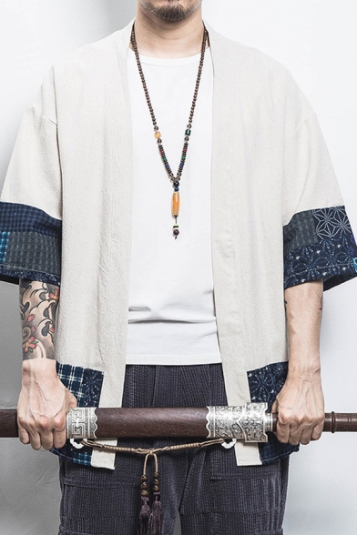Stylish Men's Jacket Solid Color Open Front Half Sleeve Regular Fitted Kimonos Jacket
