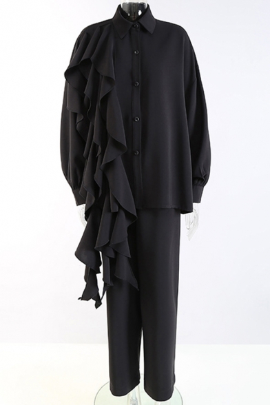 Stylish Set Solid Color Ruffled Patchwork Long Sleeve Point Collar Button Up Loose Shirt & Pants Co-ords
