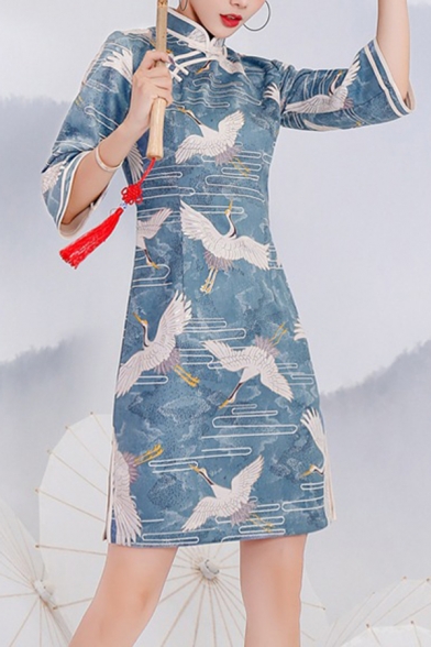 Trendy Cheongsam Dress Crane Pattern Side Split Slant Frog Buttons 3/4 Sleeve Mandarin Collar Slim Fit Mini Dress for Women