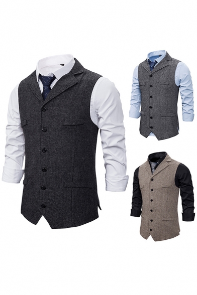 Trendy Men's Blazer Vest Heathered Button Closure Notched Lapel Collar Sleeveless Regular Fitted Blazer Vest