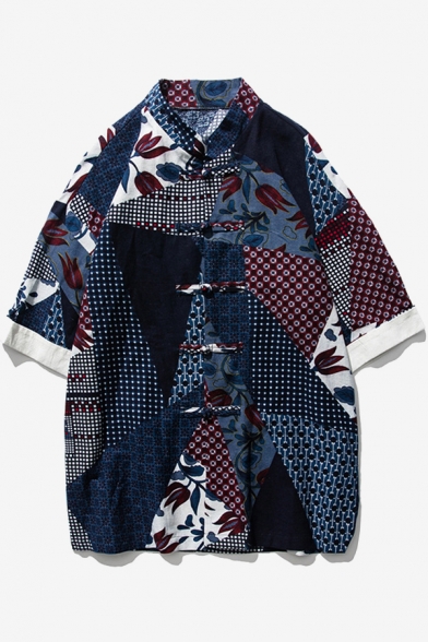 Trendy Men's Shirt Tribal Pattern Frog Button Mandarin Collar Contrast Trim Short Sleeve Regular Fitted Shirt