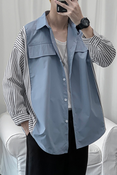 Trendy Shirt Stripe Printed Long Sleeve Spread Collar Patched Button Up Relaxed Fit Shirt Top for Men
