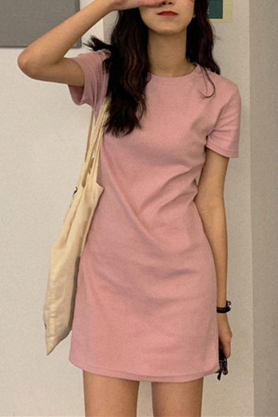 Trendy Women's T-Shirt Dress Solid Color Round Neck Short Sleeve Mini T-Shirt Dress