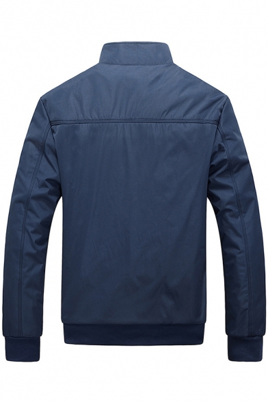 Unique Men's Jakcet Solid Color Zip Closure Ribbed Trim Long Sleeve Stand Collar Regular Fitted Jacket