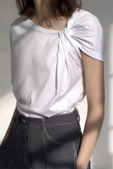 Womens Creative T Shirt Plain Short Sleeve Asymmetric Neck Twist Detail Regular Fit Tee Top