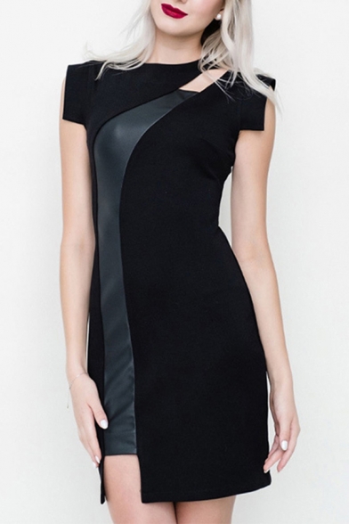 Womens Elegant Dress Short Sleeve Asymmetric Neck Patchwork Short Sheath Dress in Black
