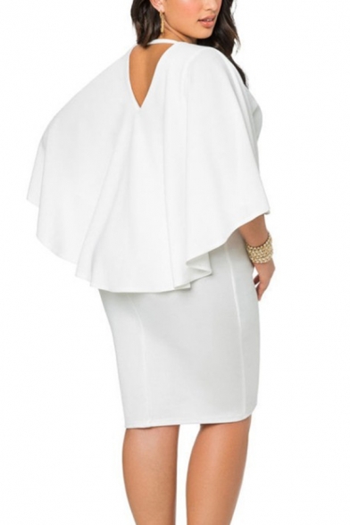 Womens Plus Size Trendy Simple Plain V-Neck Batwing Sleeve Midi Pencil Dress Cape Dress
