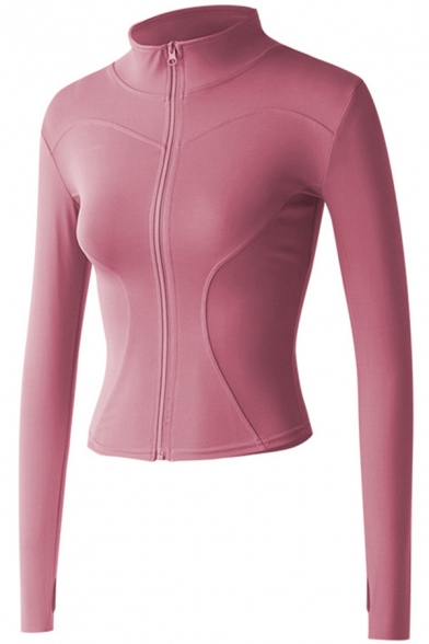Workout Womens Jacket Plain Color Quick Dry Zipper Fly Skinny Fit Long Sleeve Stand Collar Yoga Jacket