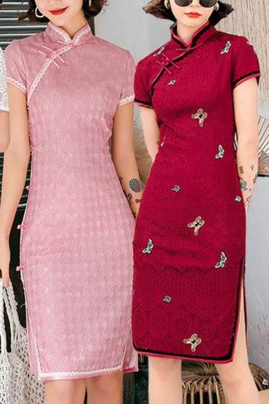 Classic Womens Dress Butterfly Pattern Lace Side Split Slim Fitted Knee-Length Mandarin Collar Short Sleeve Modified Cheongsam Dress