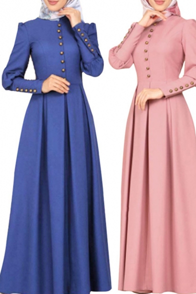 Classic Womens Dress Plain Color Button Decoration Slim Long Puff Sleeve A-Line Crew Neck Maxi Swing Dress