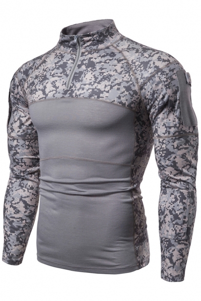 Fancy Men's T-Shirt Contrast Panel Camo Print Zip Front Mock Neck Raglan Long Sleeve Slim Fitted Tee Top