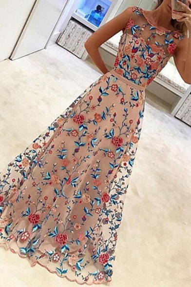 Fancy Women's A-Line Dress All over Floral Print Round Neck Double Layer Sleeveless Long A-Line Dress