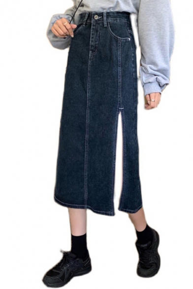 Fancy Women's Denim Skirt High Split Slant Pocket High Rise Long Straight Denim Skirt