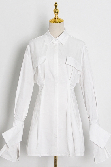 Fancy Womens Dress White Bell Long Sleeve Spread Collar Button Up Flap Pockets Mini Pleated A-line Shirt Dress