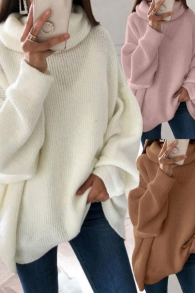Fashionable Women's Sweater Solid Color Halter Mock Neck Long Sleeve Loose Fitted Sweater