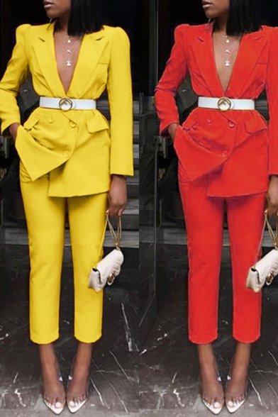 Formal Womens Co-ords Solid Color Long Sleeve Notched Collar Belted Regular Blazer & Pants Set